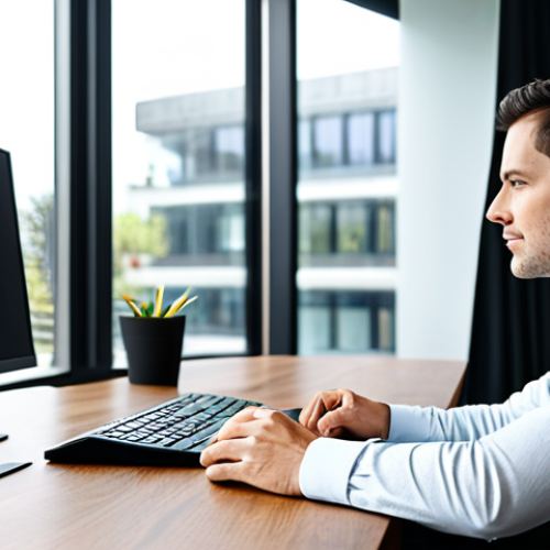 Home 4 A focused professional individual, fully clothed in modest business casual attire, calmly working at a sleek wooden desk in a modern, minimalist home office. Large, comfortable over-ear headphones are visible, subtly suggesting engagement with audio. The room is filled with soft natural light from a large window, creating a serene and productive atmosphere. The individual exhibits perfect anatomy, correct proportions, and a natural pose, with well-formed hands and proper finger count. This is a high-quality, professional photograph, safe for work, appropriate content, and family-friendly, showcasing a peaceful and focused environment.