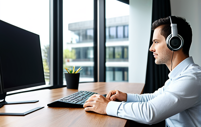 A focused professional individual, fully clothed in modest business casual attire, calmly working at a sleek wooden desk in a modern, minimalist home office. Large, comfortable over-ear headphones are visible, subtly suggesting engagement with audio. The room is filled with soft natural light from a large window, creating a serene and productive atmosphere. The individual exhibits perfect anatomy, correct proportions, and a natural pose, with well-formed hands and proper finger count. This is a high-quality, professional photograph, safe for work, appropriate content, and family-friendly, showcasing a peaceful and focused environment.