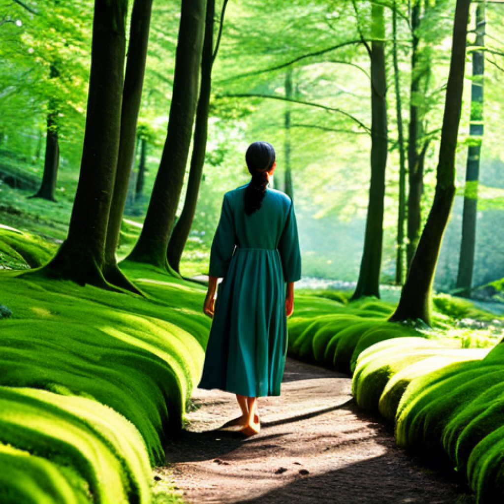 **
"Woman in fully clothed modest attire peacefully walking barefoot through a lush green forest, feeling the soft moss, sunlight dappling through trees, fully clothed, safe for work, perfect anatomy, natural proportions, professional, serene, family-friendly."
**