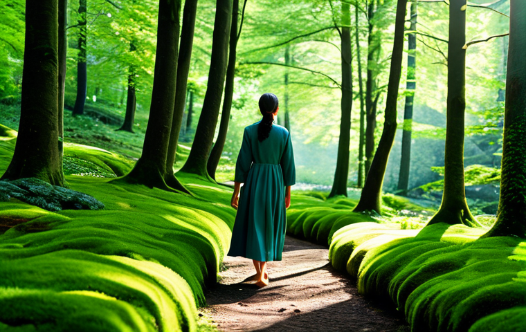 **
"Woman in fully clothed modest attire peacefully walking barefoot through a lush green forest, feeling the soft moss, sunlight dappling through trees, fully clothed, safe for work, perfect anatomy, natural proportions, professional, serene, family-friendly."
**