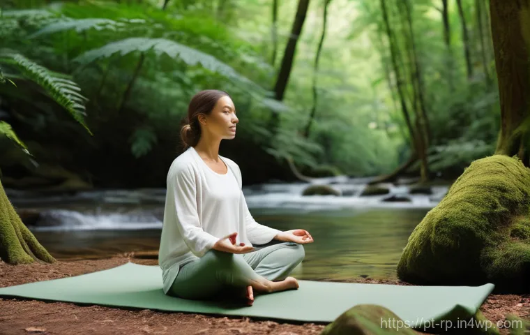 자연 속에서 명상하기 위한 준비물 - **Prompt:** A serene, tranquil natural sanctuary for meditation. A person, appearing to be around 25...