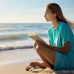 Home 20 해변에서의 자연 명상 방법 - **Prompt:** "A peaceful, serene beach scene during late morning. A young adult, gender-neutral, wear...
