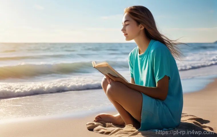 해변에서의 자연 명상 방법 - **Prompt:** "A peaceful, serene beach scene during late morning. A young adult, gender-neutral, wear...