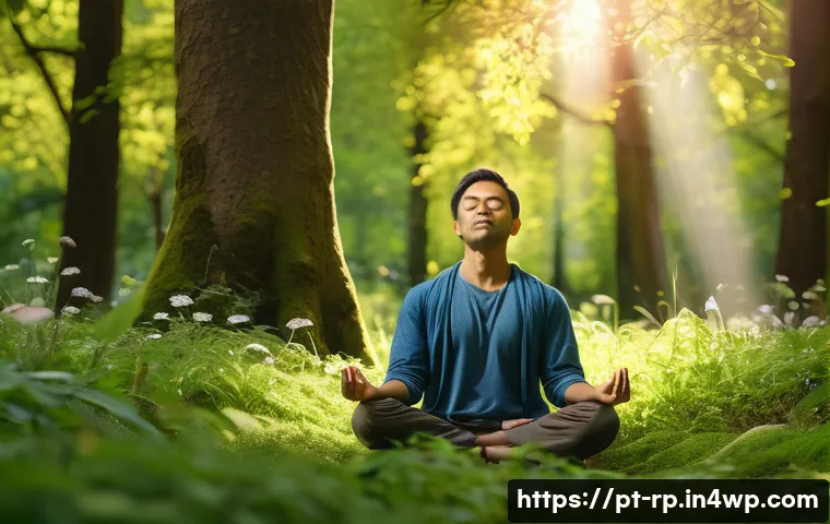 자연 명상 중 느낄 수 있는 감정들 - A serene scene of a person meditating outdoors in a lush green forest during golden hour sunlight, s...