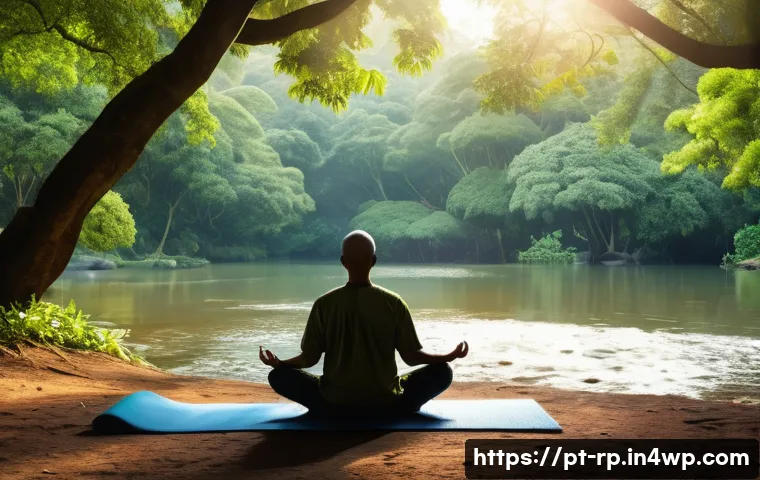 자연 명상과 긍정적 사고의 연계 - A serene outdoor meditation scene in a lush Brazilian park during early morning, featuring a middle-...