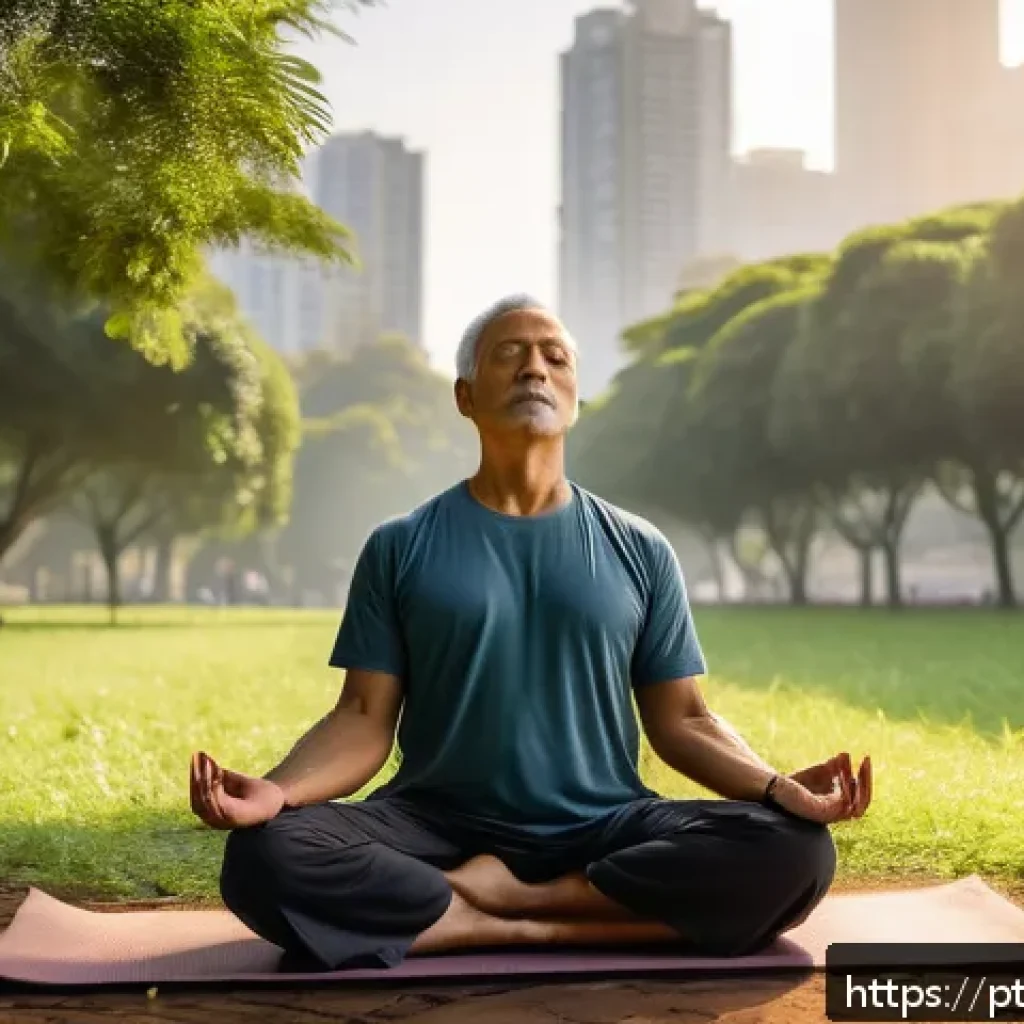 자연 명상 후의 변화 기록하기 - A serene urban park scene near São Paulo during early morning light, featuring a middle-aged person ...