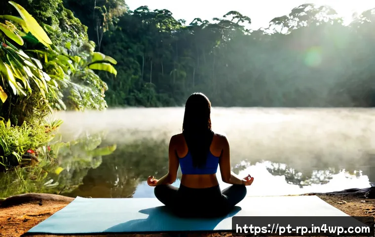 Home 17 자연 속에서의 명상 장점을 극대화하기 - Photorealistic sunrise meditation beside a calm Brazilian forest lake, a relaxed adult seated on a s...